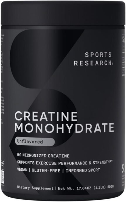 Sports Research Creatine Monohydrate – Micronized Creatine for Gaining Lean Muscle, Improving Performance and Strength, and Supporting Workout Recovery. 5g of Creatine per Serving, 1.1 lbs.