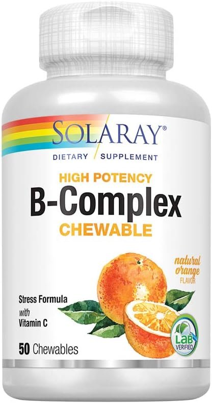 Solaray B-Complex 250mg Chewables with Natural Orange Flavor | Supports Hair, Skin, Immune Health & Metabolism | 50 Tablets