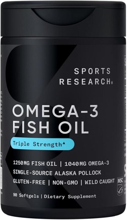 Sports Research Triple Strength Omega-3 Fish Oil– Burpless Fish Oil Supplement with EPA & DHA Fatty Acids from Single-Source Wild Alaska Pollock, 1250mg, 90 Capsules.