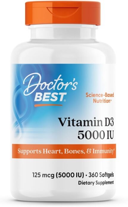 Doctor's Best Vitamin D3 5000 IU – Bone, Teeth, Heart, and Immune Support – Non-GMO, Gluten-Free, Soy-Free – 360 Softgels