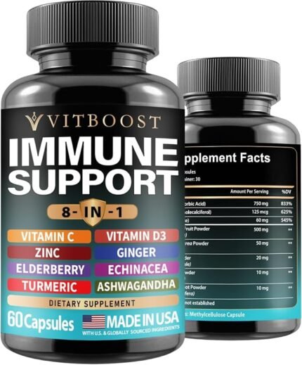 Ultimate Immune Support Supplement – 8-in-1 Formula with Echinacea, Vitamin C & Zinc, Vitamin D 5000 IU, Turmeric, Ginger, Ashwagandha, Elderberry. 60 Capsules.