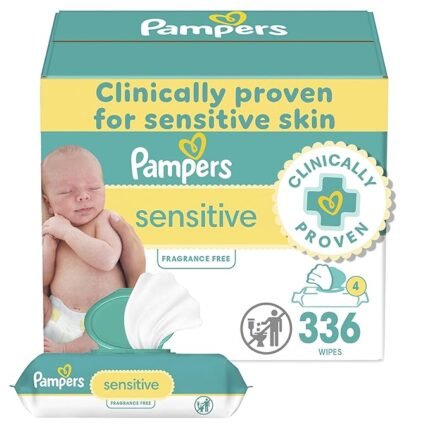 Pampers Sensitive Baby Wipes - Water-Based, Hypoallergenic, Unscented, 4 Flip-Top Packs (336 Total Wipes)
