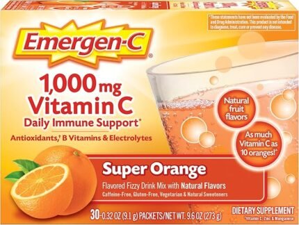 Emergen-C 1000mg Vitamin C Powder for Daily Immune Support – Caffeine-Free Supplement with Zinc, Manganese, B Vitamins, and Electrolytes – Super Orange Flavor – 30 Pack