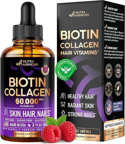 Liquid Biotin & Collagen - Extra Strength 60,000 mcg Drops– Hair Growth Support for Women & Men, B7 Supplement for Strong Nails & Healthy Skin. 98% Faster Absorption Than Pills.