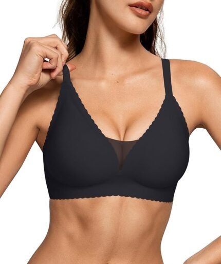 OEAK Women's Wireless Push-Up Bralettes - Scalloped Mesh Seamless Deep V Everyday T-Shirt Bras